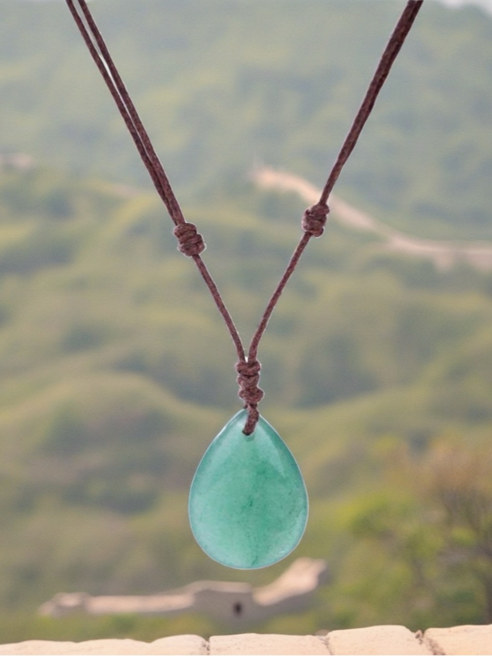 Natural Green Aventurine Teardrop Pendant Necklace - Handmade Cord Jewelry NEW